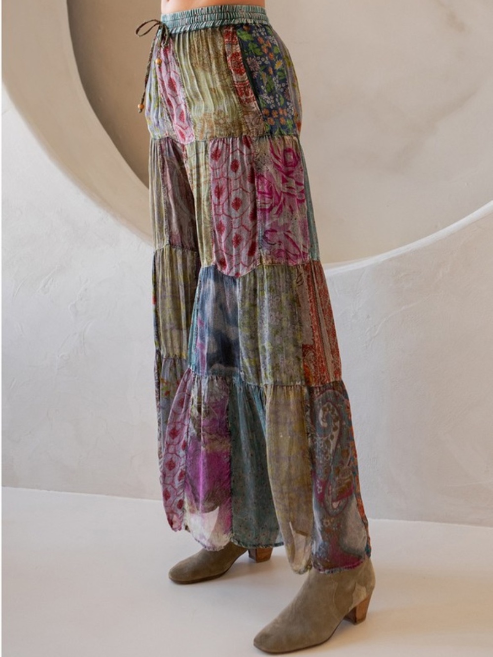 "The River" Gray Retro Revival Long Flared Patchwork Pants - Picture 3 of 6
